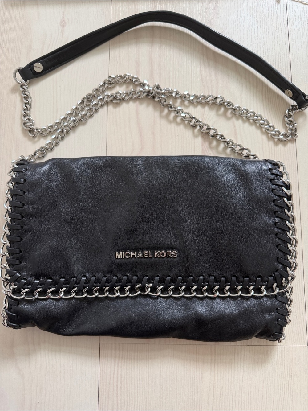 Michael Kors Black Leather Chain-Trim Crossbody Bag